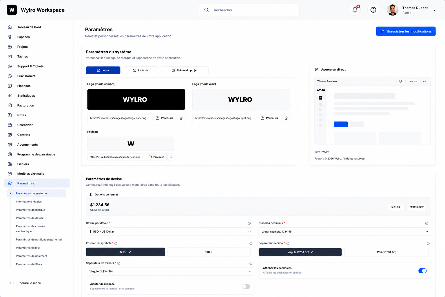 Paramètres et personnalisation en Belgique avec Wylro, logiciel de gestion local pour PME en Belgique